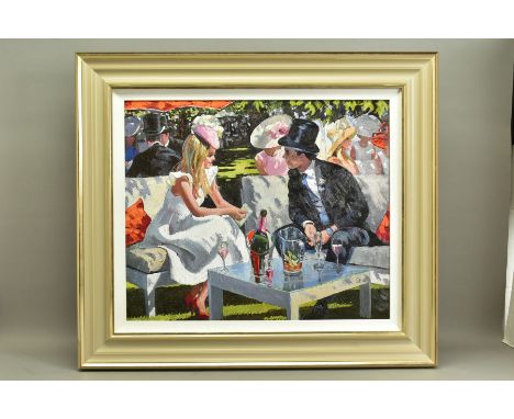 SHERREE VALENTINE DAINES (BRITISH 1959), 'ASCOT GLAMOUR', a signed limited edition print of figures at a racecourse, 39/195 w