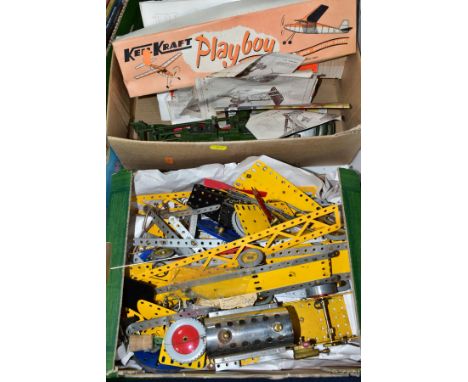 TWO BOXES OF MECCANO AND TOYS, to include a box of assorted Meccano parts, steam engine parts, wheels, plates, pulleys and co