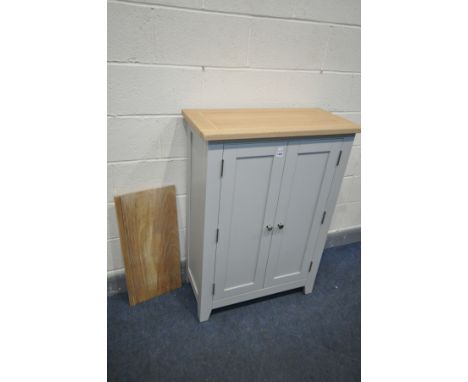 A 'COTSWOLD CO' GREY AND LIGHT OAK TWO DOOR SHOE CUPBOARD, width 80cm x depth 38cm x height 110cm