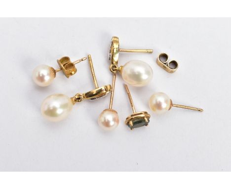 A PAIR OF CULTURED PEARL DROP EARRINGS AND OTHERS, baroque cultured drop earrings, fitted with yellow metal post and scrolls,