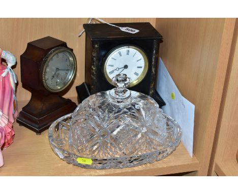 CLOCKS AND CUT GLASS, comprising an over wound mantle clock in need of restoration, height approximately 18cm, a Smiths clock