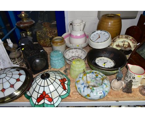 A GROUP OF CERAMICS, LAMPS, LAMPSHADES, CLOCKS AND SUNDRY ITEMS, to include an early twentieth century railway brake side lam