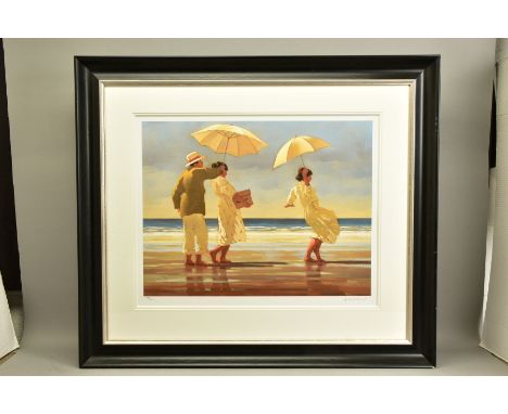 JACK VETTRIANO (BRITISH 1951) 'THE PICNIC PARTY' a signed limited edition print of three figures on a beach, 105/250 no certi