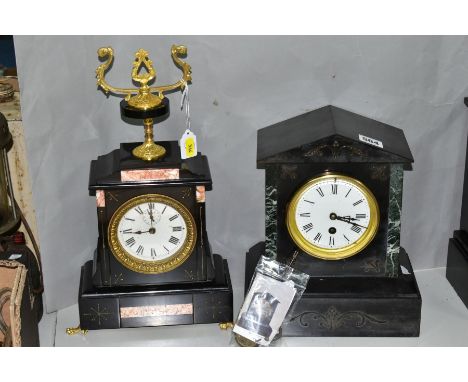 TWO LATE 19TH CENTURY BLACK SLATE AND MARBLE MANTEL CLOCKS, one of architectural form, white enamel dial with Roman numerals,