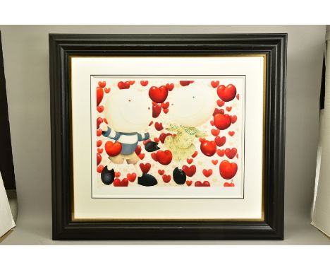 MACKENZIE THORPE (BRITISH 1956) 'DANCING IN LOVE' a limited edition print of figures surrounded by love hearts 33/295, signed