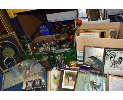 THREE BOXES AND LOOSE PICTURES, METALWARES AND SUNDRY ITEMS, to include twenty four picture frames, framed needlework, clock 