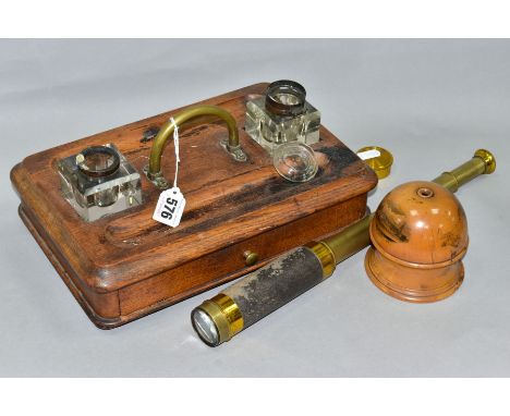 A VICTORIAN OAK INKWELL STAND WITH DRAW, together with a Mauchline ware string dispenser for J R Norrie Bookseller &amp; Stat