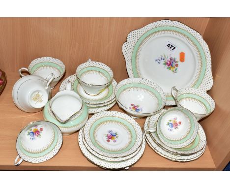 A TWENTY ONE PIECE PARAGON POLKA TEA SET, handpainted and transfer printed decoration, comprising a cake plate, a cream jug, 