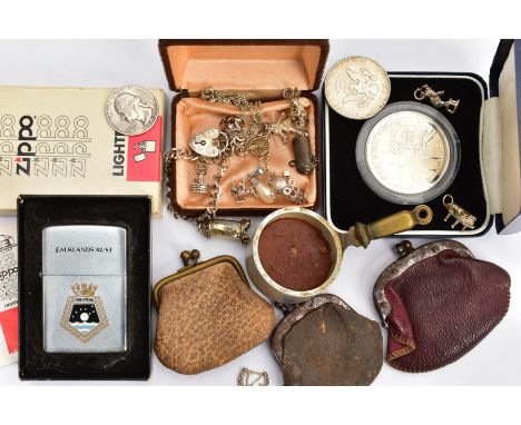 A BAG OF ASSORTED ITEMS, to include three small leather purses each fitted with kissing clasps, a boxed Queen Elizabeth II, F
