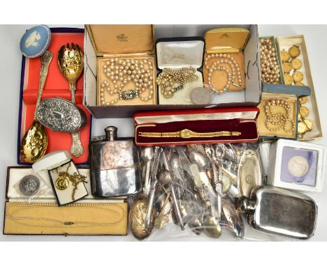 A BOX OF ASSORTED ITEMS, to include a Wedgewood trinket box, a Rotary wristwatch, a novelty pocket watch, a box of imitation 