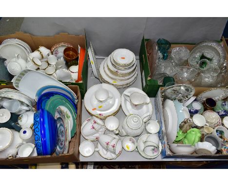 FOUR BOXES AND LOOSE CERAMICS AND GLASSWARES, to include a forty six piece Spode Rosetti dinner service, a ten piece Coalport