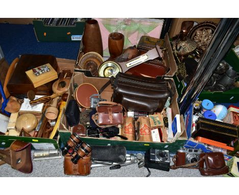 FIVE BOXES OF TREEN AND METALWARES, to include a cylindrical perpetual desk calendar, a writing box (missing slope surface), 