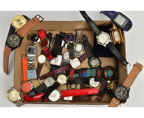 A BOX OF ASSORTED FASHION WRISTWATCHES, to include quartz watches, digital watches, with names to include 'Timex, Avia, Well'