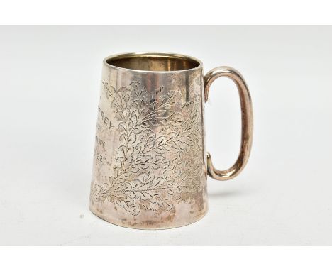 A SILVER CHRISTENING CUP, tapered form, engraved with a floral and foliate design, personal engraving reads 'Geoffery from Gr