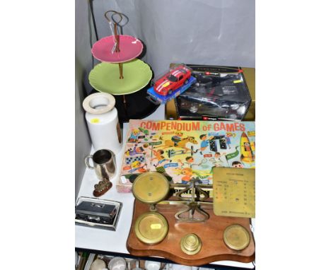 A GROUP OF POSTAL SCALES, DIECAST MODEL CARS, CERAMICS, METAL WARES AND MISCELLANEOUS ITEMS, to include a set of TJ Smith, So