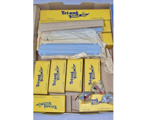 NINE ASSORTED TRI-ANG MINIC SHIPS TRADE BOXES, all are dock or breakwater items, the number of items in each box noted in bra
