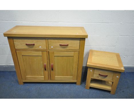 A 'GLOBAL HOME' LIGHT OAK SIDEBOARD with two drawers, width 120cm x depth 45cm x height 100cm, and a matching lamp table with