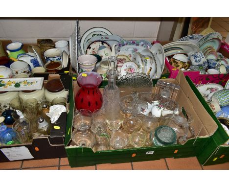 SIX BOXES OF CERAMICS AND GLASS WARES ETC, to include Masons Ironstone ginger jars, Denby hand painted two pint jug, Royal Wo