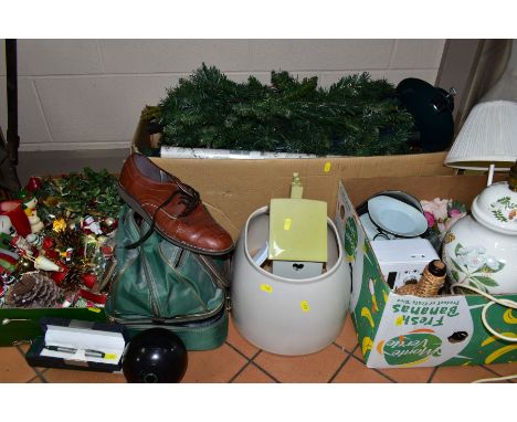 THREE BOXES, A BAG AND LOOSE SUNDRY ITEMS, to include a bag containing four Thomas Taylor green bowls, shoes etc, two christm