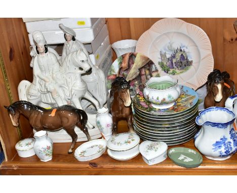 A GROUP OF CERAMICS, to include two Beswick Cantering Shires Brown Gloss 975 height 22cm, a Beswick Mare (Facing Left) Brown 