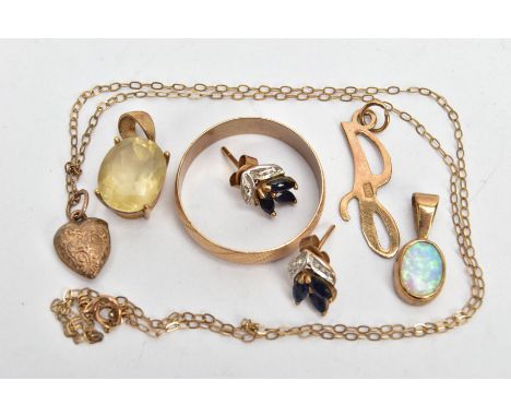 A SELECTION OF 9CT GOLD AND YELLOW METAL JEWELLERY,  to include a yellow gold opal pendant, hallmarked 9ct gold Birmingham, a