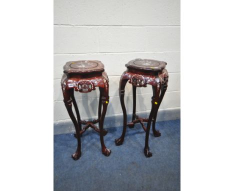 A PAIR OF ORIENTAL STAINED HARDWOOD JARDINERE STANDS, inlaid with chinoiserie mother of pearl decoration, tall swept cabriole