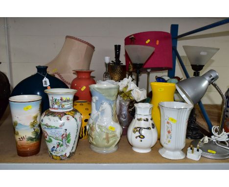 A QUANTITY OF VASES AND LAMPS ETC, to include M Requena relief moulded vase depicting whithe horses, Royal Tara vase from Gal