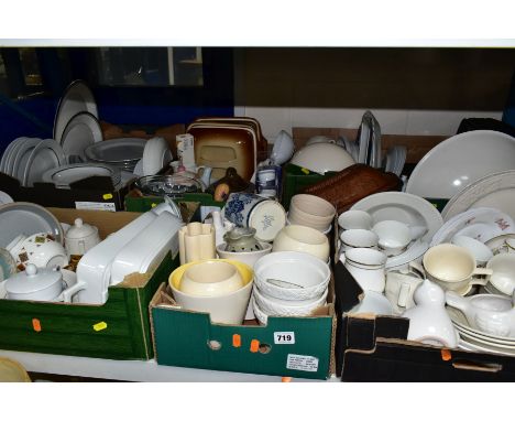 SEVEN BOXES OF CERAMICS, to include an eighteen piece MZ Czechoslovakia gilt banded tea set, white gilt banded dinner wares b