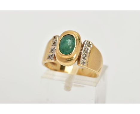 AN 18CT GOLD EMERALD AND DIAMOND RING,  an oval cabochon emerald stone, approximate dimensions length 7mm x width 5mm, bezel 