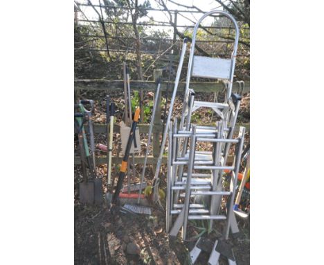 AN INSTEP A FRAMED STEP LADDER (dismantled, and may not be completed) an aluminium step ladder, 170cm high, and various garde
