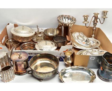 TWO BOXES OF WHITE METAL WARE, to include two circular entree dishes with covers, two oval entree dishes with covers, a silve