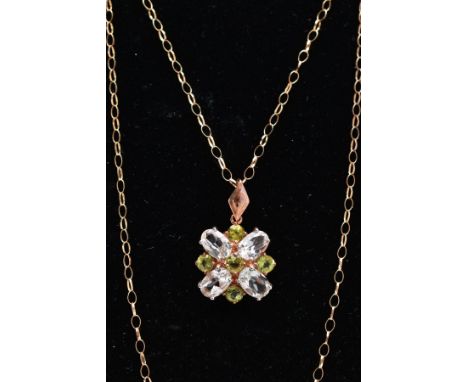 A 9CT GOLD GEM SET PENDANT NECKLACE, the pendant set with four colourless oval cut topaz and five circular cut peridots, with