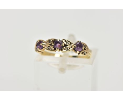 A 9CT GOLD AMETHYST AND DIAMOND RING, half eternity style ring, set with three circular cut amethysts each interspaced with s