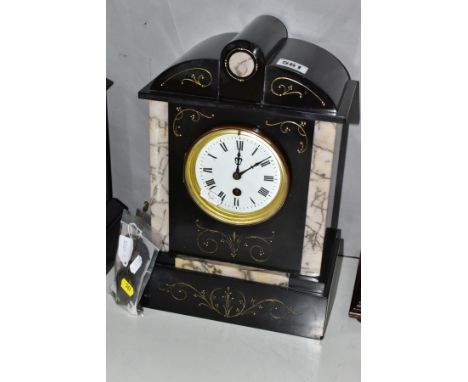 A LATE VICTORIAN BLACK SLATE AND MARBLE MANTEL CLOCK OF ARCHITECTURAL FORM, white enamel dial with Roman numeral, 8 day movem