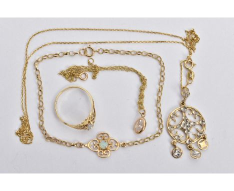 A 9CT GOLD OPAL BRACELET AND RING WITH TWO PENDANTS WITH CHAINS, the fine belcher link bracelet fitted with an open scroll de