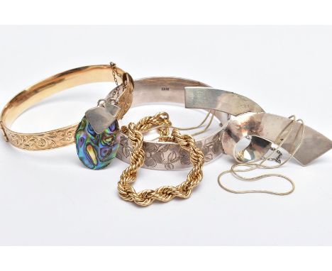 TWO BANGLES, TWO CHAINS AND A BROOCH, a silver hinged bangle with an engraved floral and foliate design, slide clasp with add