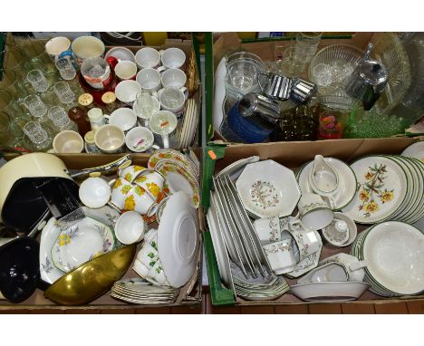 FOUR BOXES OF CERAMICS, GLASS AND METALWARES, to include a twenty piece Colclough Ivy pattern tea set, a seventeen piece 1960