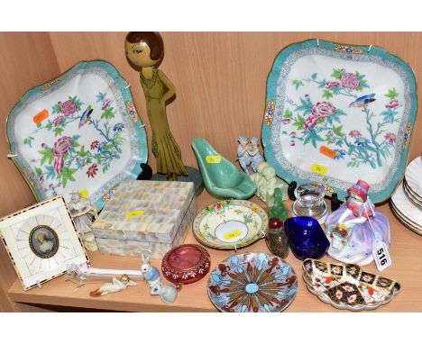 DECORATIVE CERAMICS AND GLASS ETC, to include Royal Doulton figurine Monica HN1476, a pair of Felspar Porcelain 3084 pattern 