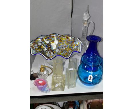 A GROUP OF GLASSWARES, comprising Dartington Crystal blue primrose and aqua daisy bottle vases, aqua vase marked Dartington, 