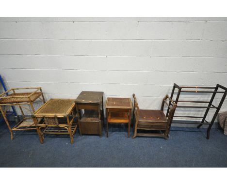 A SELECTION OF OCCASIONAL FURNUTURE, to include a piano stool, towel rail, Edwardian side table, oak cabinet with a hinged to