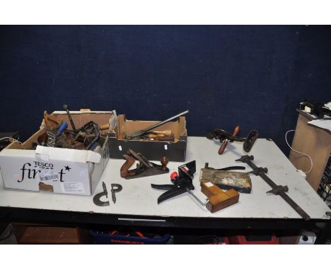 TWO TRAYS CONTAINING VINTAGE CARPENTRY TOOLS including shoulder braces, hand braces, a boxed Pennisula Hand Tool, an Acorn No