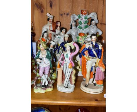 TWELVE STAFFORDSHIRE CERAMIC FIGURES, to include Duchess, 42cm high, King Charles and Cromwell 38cm high (damage to rim of va