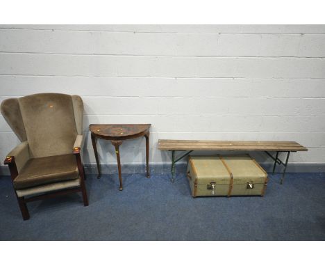 A VINTAGE WOODEN BANDED TRAVELLING TRUNK, width 83cm x depth 50cm x height 32cm, together with a walnut demi lune hall table,