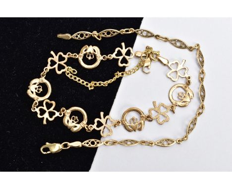 TWO 9CT GOLD BRACELETS, the first designed with alternating shamrock and claddagh links, fitted with a broken lobster claw cl