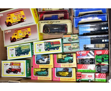 A BOX OF BOXED AND LOOSE CORGI, MATCHBOX AND LLEDO DIECAST VEHICLES, ETC, including two Corgi Toymaster D822/I2 limited editi