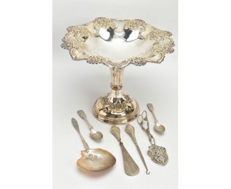 A MAPPIN &amp; WEBB SILVER PLATED TRAY AND WHITE METAL CUTLERY, the wavy circular tray with a pierced floral design, raised o