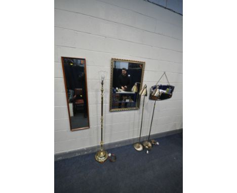 A QUANTITY OF MIRRORS AND LIGHTING, comprising a giltwood bevel edge mirror, 68cm x 99cm teak framed mirror, another wall mir