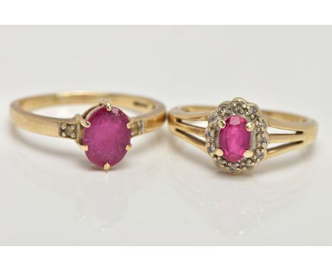 TWO 9CT GOLD GARNET RINGS, the first designed with a six claw set, oval cut ruby (low quality, possibly treated) colourless s