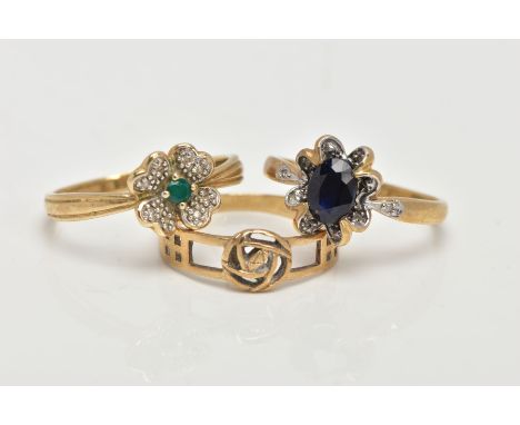 THREE 9CT GOLD RINGS, the first set with an oval cut blue sapphire, within a floral surround set with single cut diamonds, pl