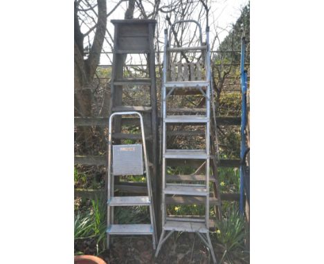 TWO WOODEN STEP LADDERS, and two aluminium step ladders (4)